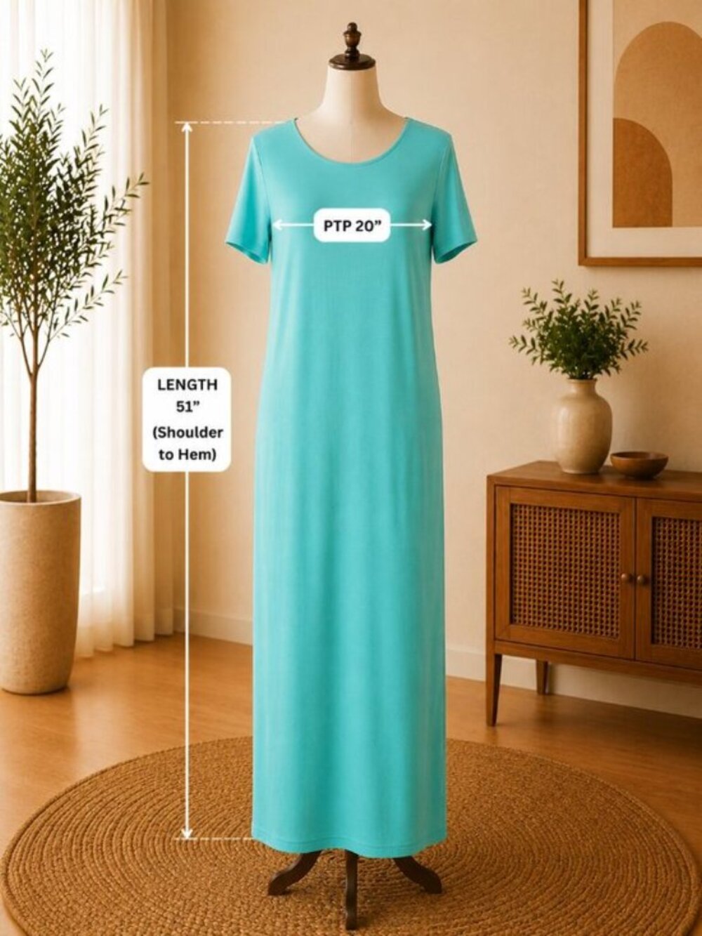 Zenana Turquoise Short Sleeve Maxi Dress X-Large Crew Neck Casual NWOT - Picture 4 of 5